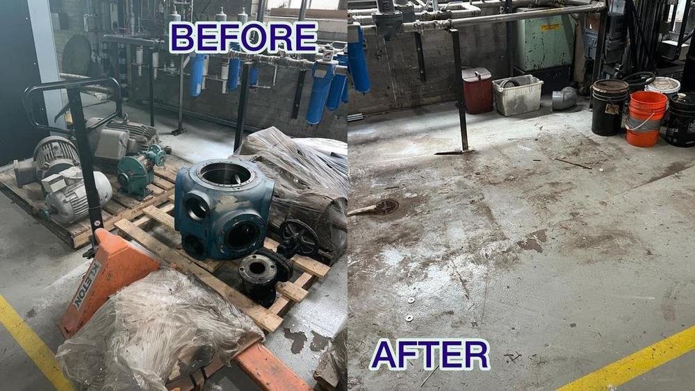 Shop machinery and equipment cleared from a garage bay